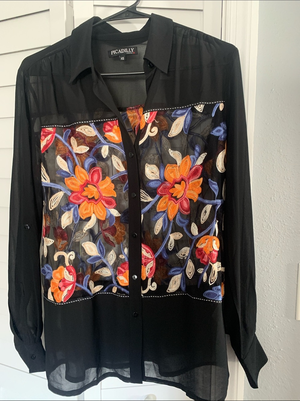 Picadilly Fashion Sheer Black Blouse with colorful embroidered panels
